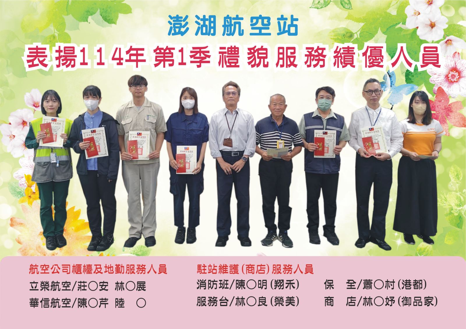 澎湖航空站表揚114年第1季禮貌服務績優人員