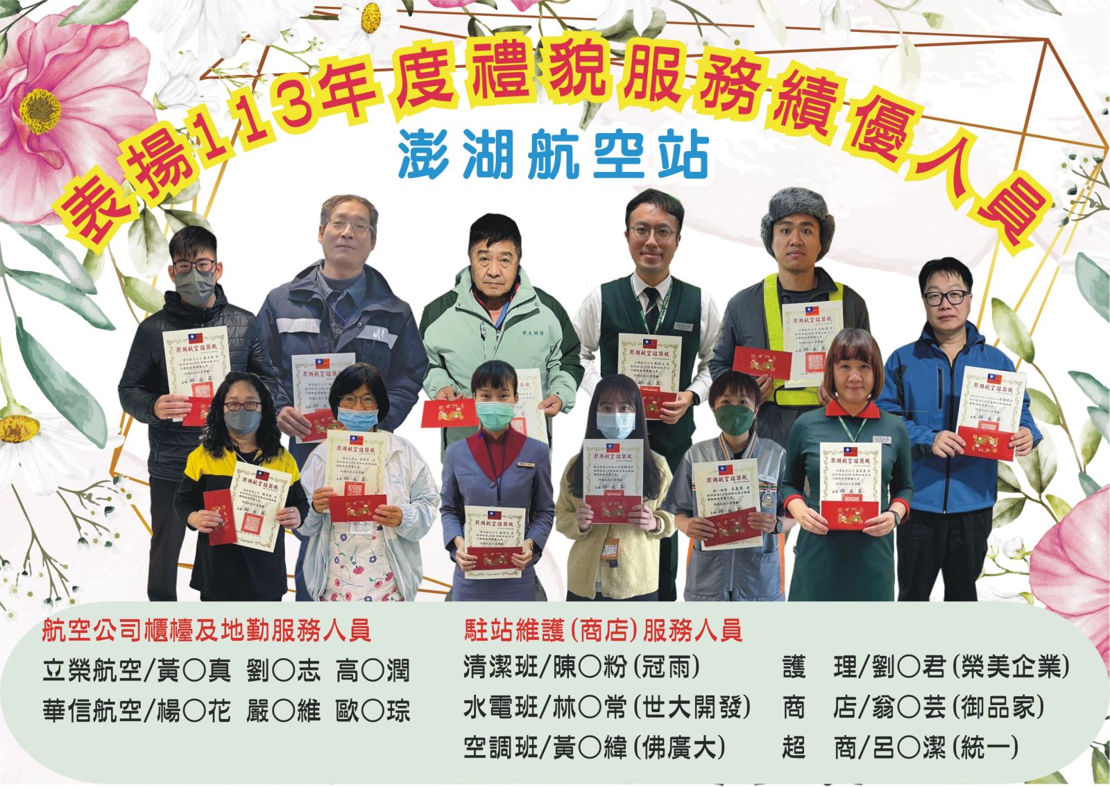 澎湖航空站表揚113年全年度禮貌服務績優人員