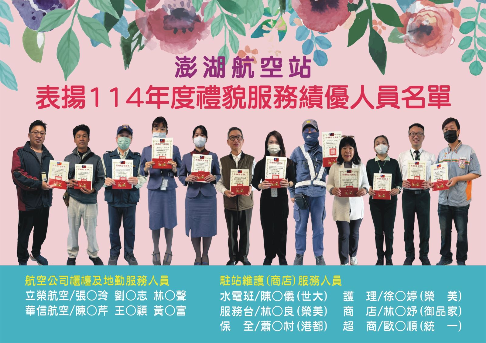 澎湖航空站表揚114年第4季禮貌服務績優人員