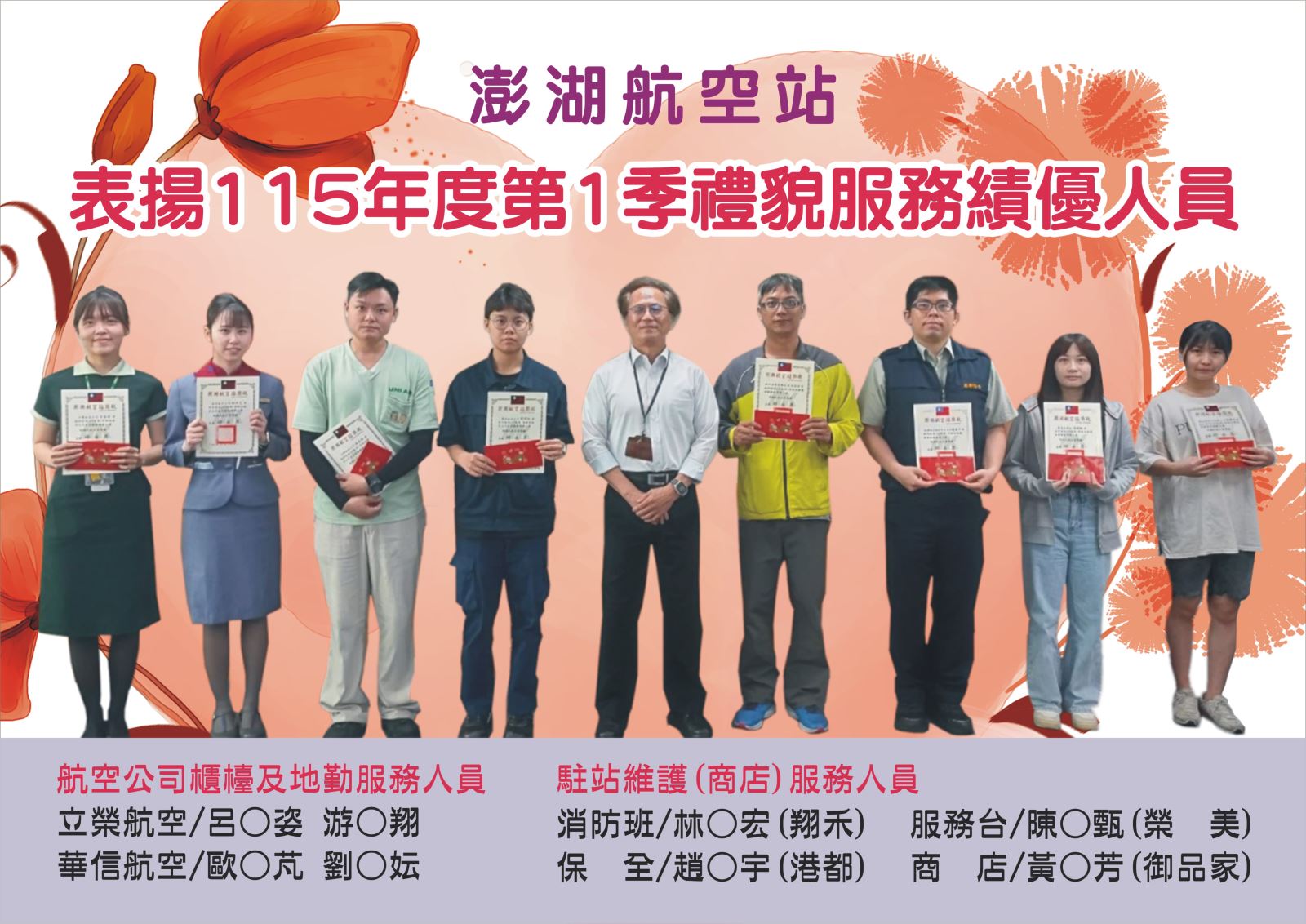 澎湖航空站表揚115年第1季禮貌服務績優人員